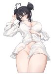  1girl absurdres ahoge aningay arm_up black_hair blue_eyes blush breasts collared_shirt double_bun dress_shirt groin hair_between_eyes hair_bun heart heart_ahoge highres large_breasts long_sleeves looking_at_viewer naked_shirt original parted_lips shirt simple_background solo white_background white_shirt 