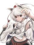  animal_ears bare_shoulders detached_sleeves hat highres inubashiri_momiji kyoro_(asdfg-hjkl) midriff navel red_eyes sarashi short_hair silver_hair simple_background solo sword tail tokin_hat touhou upper_body weapon white_background wide_sleeves wolf_ears wolf_tail 