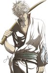  bad_id bad_pixiv_id bokken gintama hadanugi_dousa hair_over_one_eye japanese_clothes kimono kuromiu long_sleeves male_focus over_shoulder red_eyes sakata_gintoki short_sleeves signature silver_hair solo sword sword_over_shoulder weapon weapon_over_shoulder wooden_sword 