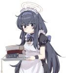  1girl absurdres apron black_eyes black_hair blue_archive blue_ribbon book book_stack hair_between_eyes hair_intakes halo headband highres holding holding_tray jewelry kyarupunch light_frown looking_to_the_side maid maid_apron maid_headdress pendant ribbon sweatdrop tray ui_(blue_archive) 
