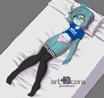 3_fingers anthro artdcora bed bird&#039;s-eye_view blue_body blue_clothing blue_shirt blue_skin blue_topwear bulge cephalopod clothed clothing coleoid cuttlefish decapodiform epic_games eustace_(artdcora) femboy fingers footwear fortnite frill_(anatomy) front_view furniture head_on_pillow hi_res high-angle_view knock-kneed legwear lying male marine mollusk on_back on_bed panties pantsless pantsless_anthro pantsless_male pseudo_hair pupils shirt socks solo sprawled_out tentacle_hair tentacles thick_thighs thigh_highs thigh_socks topwear underwear unusual_anatomy unusual_pupils