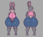 2024 3_toes anthro big_breasts big_butt blue_eyes bonnie_hopps bottomwear breasts butt clothed clothing disney eyebrows eyelashes feet female fully_clothed fur grey_background grey_body grey_fur huge_butt lagomorph legs_together leporid mammal mature_female mr_dark_and pink_nose rabbit rear_view shirt simple_background skirt smile solo standing thick_thighs tight_clothing toes topwear wide_hips zootopia