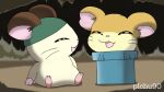  2018 artist_name cappy_(hamtaro) cricetid eyes_closed feral fur hamster hamtaro_(series) male mammal notched_ear pichu90 rodent sitting smile solo stuck stucky_(hamtaro) tan_body tan_fur wearing_hat 