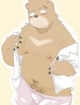 anthro bear belly blush blush_lines bodily_fluids brown_body bulge changing_clothing claws clothed clothing fur genitals hi_res looking_at_viewer male mammal navel nervous nipples open_clothing open_shirt open_topwear overweight overweight_male penis rampie scar shirt simple_background slightly_chubby solo sweat sweatdrop topwear underwear ursidae ursine