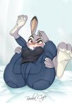 2020 absurd_res anthro areola bed blush body_blush boobacafe breasts clothing disney female furniture hi_res holding_both_legs holding_legs_up judy_hopps lagomorph legs_up leporid long_ears looking_offscreen mammal multicolored_body on_bed police police_uniform rabbit signature solo spread_legs spreading two_tone_body uniform zootopia
