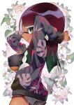  1girl arms_behind_head bazumi breasts brown_trim closed_mouth colored_tips covered_nipples dolphin_shorts floral_background green_eyes green_hair grey_jacket grey_shorts highres inkling inkling_girl inkling_player_character jacket large_breasts leaf_print long_hair looking_at_viewer multicolored_hair red_hair shorts smile solo splatoon_(series) standing tentacle_hair two-tone_hair white_background 