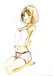  arms_behind_back barefoot blush breasts brown_eyes brown_hair hidaka_ai highres ice2002 idolmaster idolmaster_dearly_stars medium_breasts open_mouth seiza short_hair shorts sitting smile solo traditional_media 