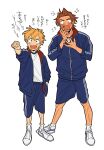  2boys blue_jacket blue_shorts blush br&#039;er_fox_(disney) brown_hair fang full_body highres humanization jacket male_focus multiple_boys nick_wilde open_clothes open_jacket open_mouth orange_hair pointing pointing_forward shirt shoes short_hair shorts simple_background sneakers socks song_of_the_south track_jacket translation_request uochandayo white_background white_footwear white_shirt white_socks zootopia 
