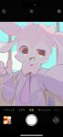 2024 anthro anthrofied blush blush_lines bow_tie camera_view chromatic_aberration cute_fangs eeveelution fur generation_6_pokemon gesture hand_gesture hi_res kemono narrowed_eyes necktie nintendo open_mouth open_smile pink_body pink_bow_tie pink_fur pink_necktie pokemon pokemon_(species) pose smile solo star_pupils sylveon v_sign white_body white_fur wrb_7777