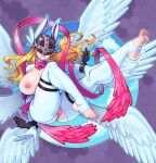  1girl absurdres angel angewomon animal_ears ass blonde_hair blue_pantyhose bow bowtie breasts covered_eyes crotchless crotchless_pantyhose digimon digimon_(creature) feathered_wings feet flying full_body grin helmet helmet_over_eyes highres huge_breasts legs long_hair multiple_wings nail_polish nipples no_shoes pantyhose pink_bow pink_bowtie pussy rabbit_ears smile soles stirrup_legwear supersatanson thick_thighs thighs toeless_legwear toenail_polish toenails toes uncensored winged_helmet wings wrist_wings 
