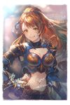  1girl absurdres armor beatrix_(granblue_fantasy) belt blue_armor blue_ribbon boobplate border breasts brown_hair cleavage cleavage_cutout clothing_cutout couter floating_hair gauntlets granblue_fantasy green_eyes hair_ribbon hand_on_own_hip high_ponytail highres light_blush long_hair looking_at_viewer medium_breasts navel parted_bangs pauldrons ribbon shimatani_azu shoulder_armor smile solo stomach teeth upper_body white_border 