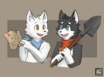ambiguous_gender ambiguous_species anthro bandanna black_body border bruno_borker canid canine duo eye_contact fangs green_eyes hi_res kerchief looking_at_another mammal map orange_border shovel simple_background teeth tools treasure_map white_body yellow_eyes