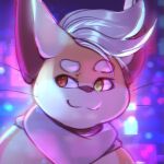 anthro blurred_background bust_portrait chuki eyebrows fur hair heterochromia hi_res male mammal multicolored_body multicolored_fur portrait rodent scarf smite_(artist) smite_(character) snout solo two_tone_body two_tone_fur whiskers white_hair yellow_body yellow_fur