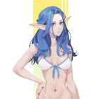  1girl absurdres artist_name bikini blue_eyes blue_hair breasts cleavage collarbone commentary commission english_commentary hair_over_one_eye hand_on_own_hip highres krita_(medium) long_hair looking_at_viewer navel original out-of-frame_censoring qederapawn solo standing swimsuit white_bikini 