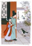  2boys 2girls absurdres animal architecture bamboo black_hair cat chinese_clothes covering_another&#039;s_mouth duijin_ruqun east_asian_architecture flower futou hanfu hanshi_reina hat highres long_sleeves multiple_boys multiple_girls original outdoors yuanlingshan 