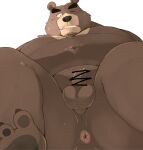 2024 anthro anus arufina_w balls bear belly big_belly black_nose blush brown_body censored genitals hi_res kemono male mammal moobs navel one_eye_closed overweight overweight_male penis simple_background solo white_background