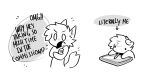 2024 ambiguous_gender anthro biped canid canine canis copithecat domestic_cat domestic_dog drawing duo felid feline felis fur hi_res mammal monochrome simple_face speech_bubble tablet white_body white_fur