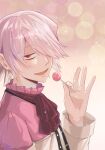  1boy ascot blurry bokeh candy coat depth_of_field food from_side hair_over_one_eye highres lollipop looking_at_viewer male_focus norinyuen off-shoulder_coat off_shoulder one_eye_covered open_mouth pandora_hearts pink_shirt red_eyes shirt white_coat white_hair xerxes_break 