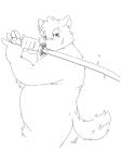 2024 3:4 5_fingers anthro canid canine canis claws domestic_dog eyebrows fingers katana lifewonders looking_at_viewer male mammal melee_weapon monochrome moritaka_(tas) nude_male okoge_16 overweight overweight_male scar serious simple_background sketch solo sword tail tokyo_afterschool_summoners weapon white_background