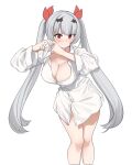  1girl absurdres aningay blush breasts cleavage closed_mouth collared_shirt copyright_request cropped_legs dress_shirt grey_hair hands_up heart heart_hands highres large_breasts long_hair looking_at_viewer naked_shirt red_eyes shirt simple_background smile solo twintails very_long_hair white_background white_shirt 