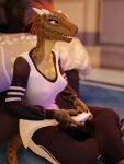 absurd_res anthro argonian blender_cycles cloth clothed clothing female fully_clothed gaming green_body hi_res peresvet_(artist) scalie sitting solo the_elder_scrolls 