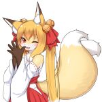 2024 2_tails anthro asian_clothing blonde_hair blush bottomwear brown_body brown_fur canid canine chest_tuft clothed clothing cute_fangs digital_media_(artwork) dipstick_ears dipstick_tail ear_markings east_asian_clothing fangs female female_anthro fluffy fox fur hair hakama hands_together horokusa0519 japanese_clothing kemono long_hair looking_at_viewer mammal markings miko_outfit multi_tail multicolored_body multicolored_ears multicolored_fur multicolored_hair nio_(horokusa) one_eye_closed open_mouth red_eyes shrine_maiden solo tail tail_markings teeth tongue tuft twintails_(hairstyle) white_body white_fur white_hair wink winking_at_viewer yellow_body yellow_fur