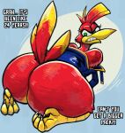 4_toes anisodactyl anthro avian avian_feet backpack banjo-kazooie beak big_butt bird breegull butt eyelashes feathers feet female green_eyes hi_res huge_butt hyper hyper_butt kazooie kneeling latchk3y looking_back rareware red_body red_feathers solo stuck tail tail_feathers teeth thick_thighs toes toothed_beak