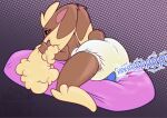 ambiguous_gender babypandora big_diaper big_ears blush bodily_fluids brown_body brown_fur clothed clothing diaper diaper_only embarrassed full_diaper fur furgonomic_diaper furgonomics generation_4_pokemon genital_fluids grinding hi_res holding_ear humming humping humping_diaper lagomorph laying_on_pillow leporid long_ears looking_back lopunny mammal masturbation nintendo on_pillow onomatopoeia pillow pillow_humping pink_eyes pokemon pokemon_(species) scut_tail sex_toy short_tail signature solo sound_effects straddling tail text topless urine vibrator wand_vibrator wet_diaper wetting wetting_diaper white_diaper
