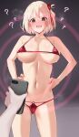  1girl 1other ? absurdres bikini blonde_hair blush breasts breath cellphone covered_nipples cowboy_shot hands_on_own_hips highres holding holding_phone hypnosis_app kawaruhi large_breasts looking_at_phone looking_at_viewer lycoris_recoil micro_bikini navel nishikigi_chisato open_mouth phone pov pov_hands red_bikini red_eyes short_hair smartphone solo stomach sweat swimsuit v-shaped_eyebrows 