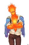 2016 artist_name bottomwear bow_tie clothed clothing collarbone colored crossed_arms digital_drawing_(artwork) digital_media_(artwork) dress_shirt earless elemental_creature elemental_humanoid eyeless eyewear fire fire_creature fire_humanoid flaming_hair glasses_on_face grillby head_tilt hoodie humanoid looking_at_viewer looking_down looking_down_at_viewer mouthless noseless open_clothing open_shirt open_topwear pants partially_clothed portrait pseudo_hair shirt signature simple_background slacks solo three-quarter_portrait topwear undertale undertale_(series) untied_bow_tie white_background yoo