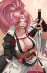  1girl amputee baiken big_hair breasts cherry_blossoms cleavage eyepatch facial_tattoo guilty_gear highres japanese_clothes katana keeterz kimono large_breasts long_hair one-eyed open_clothes pink_hair ponytail red_eyes samurai scar scar_across_eye scar_on_face solo sword tattoo weapon 