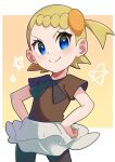 &gt;:) 1girl blonde_hair blue_eyes bonnie_(pokemon) brown_shirt closed_mouth cowboy_shot flat_chest hair_ornament hands_on_own_hips highres looking_at_viewer miniskirt omochi_(omotimotittona3) pokemon pokemon_xy shirt short_hair short_sleeves skirt smile solo split_mouth v-shaped_eyebrows white_skirt 