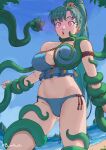  1girl beach bikini breasts earrings fire_emblem fire_emblem:_the_blazing_blade fire_emblem_heroes flower green_hair groping hair_flower hair_ornament highres hypnosis jewelry large_breasts lips long_hair lyn_(fire_emblem) lyn_(summer)_(fire_emblem) m4ns0n mind_control navel ocean outdoors paid_reward_available pink_eyes plant ponytail restrained side-tie_bikini_bottom skirt solo surprised swimsuit twitter_username 