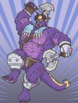 3:4 absurd_res anthro armor axe behemoth_(final_fantasy) big_muscles blonde_hair briefs bulge chrm claws clothing digitigrade final_fantasy fur gloves greaves hair handwear hi_res horn male muscular muscular_male nipple_piercing nipples piercing purple_body purple_fur simple_background solo square_enix underwear