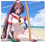  1girl alternate_costume baseball_cap beach beach_towel blue_sky bokken breasts brown_hair closed_mouth cloud covered_navel food fruit hair_intakes hat highres himeyamato iowa_(kancolle) kantai_collection large_breasts legs_apart long_hair ocean parted_bangs planted planted_sword red_eyes sand see-through see-through_shirt shouting_with_hands sidelocks sitting sky solo suikawari swimsuit swimsuit_under_clothes sword thighhighs towel very_long_hair watermelon weapon white_thighhighs wooden_sword yamato_(kancolle) yokozuwari 