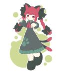  1girl acid_burritos animal_ears black_footwear braid cat_ears cat_girl cat_tail closed_mouth dress extra_ears full_body green_dress highres kaenbyou_rin long_hair long_sleeves looking_at_viewer multiple_tails red_eyes red_hair side_braids solo tail touhou twin_braids two_tails 