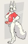 absurd_res anthro arctic_fox balls bedroom_eyes bottomless bottomless_anthro bottomless_male canid canine cheek_tuft clothed clothing cunnilingus_gesture english_text erection facial_tuft fluffy fluffy_tail fox fur genitals gesture grey_background half-closed_eyes hi_res humanoid_genitalia humanoid_penis humor inviting male mammal narrowed_eyes penis seductive shirt simple_background smile smirk smug smug_face solo suggestive suggestive_gesture t-shirt tail text tongue tongue_out topwear true_fox tuft white_body white_fur xing1