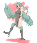  1girl absurdres bare_shoulders bird_legs black_dress borrowed_character breasts china_dress chinese_clothes commentary dress english_commentary ev_v1l feathered_wings glasses green_hair green_wings harpy highres long_braid long_hair monster_girl original red-tinted_eyewear red_eyes round_eyewear sleeveless sleeveless_dress small_breasts solo standing standing_on_one_leg talons tinted_eyewear winged_arms wings 