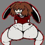1:1 2023 big_butt black_clothing black_thong black_underwear butt button_nose choker clothing digital_media_(artwork) femboy feri_the_bunny feridoodles6 floppy_ears frederick frederick_the_bunny hair humanoid ibispaint_(artwork) jewelry lagomorph leporid looking_at_viewer low_res makeup male mammal mascara necklace nervous nervous_smile open_mouth rabbit shirt simple_background smile solo spades_(suit) suit_symbol t-shirt thick_thighs thong topwear underwear
