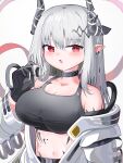  1girl absurdres arknights bare_shoulders black_gloves blush breasts collarbone ear_piercing gloves grey_background grey_hair hair_between_eyes hand_up highres horns jumpsuit large_breasts long_hair looking_at_viewer material_growth mudrock_(arknights) navel off_shoulder oripathy_lesion_(arknights) parted_lips piercing playing_with_own_hair pointy_ears red_eyes solo spam_(spamham4506) upper_body very_long_hair white_jumpsuit 