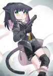  1girl :o absurdres animal_ears arknights bag black_gloves black_hair black_shirt black_shorts black_socks blush cat_ears cat_girl cat_tail duffel_bag ear_protection feet_out_of_frame gloves green_eyes grey_jacket gun handgun headset highres holding holding_gun holding_weapon jacket jessica_(arknights) knee_pads long_sleeves multicolored_hair open_clothes open_jacket parted_lips pink_hair ponytail puffy_long_sleeves puffy_sleeves shirt shorts socks solo spam_(spamham4506) tail two-tone_hair weapon 