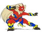 avian barefoot big_breasts bird blaziken blonde_hair blue_eyes breasts cleavage clothed clothing costume crouching feet female fighting_pose game_freak generation_3_pokemon hair invalid_tag martial_arts nintendo pokemon pokemon_(species) pose red_body seth65 smile solo talons teeth toes toughset