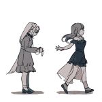  2girls animal_ears bang_dream! bang_dream!_it&#039;s_mygo!!!!! closed_mouth collar commentary dog_ears dog_girl dog_tail dress from_side full_body greyscale hashtag-only_commentary highres holding_own_leash kemonomimi_mode long_hair long_sleeves monochrome multiple_girls nagasaki_soyo ochano off-shoulder_dress off_shoulder profile simple_background standing tail wakaba_mutsumi walking white_background 