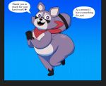 2024 absurd_res anthro big_butt butt colossalstars dialogue feet fingers fluffy fluffy_tail fur grey_body heart_symbol hi_res indigo_park kerchief male mammal markings multicolored_body multicolored_fur narrowed_eyes overweight overweight_male presenting procyonid purple_eyes raccoon raised_leg rambley_(indigo_park) short_stack simple_background single_tooth smile smiling_at_viewer solo speech_bubble striped_markings striped_tail stripes tail tail_markings teeth text thick_thighs toes white_body