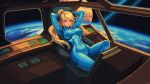  1girl blonde_hair blue_bodysuit blue_eyes bodysuit breasts cameltoe commentary covered_navel covered_nipples english_commentary highres impossible_bodysuit impossible_clothes itzah large_breasts long_hair looking_at_viewer metroid mole mole_under_mouth pixel_art ponytail samus_aran skin_tight solo thighs zero_suit 