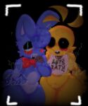 2023 animatronic anthro avian bedroom_eyes belly bib bird black_background blue_body blue_hair bow_tie breasts camera_view cheek_markings digital_media_(artwork) duo eyelashes facial_markings female five_nights_at_freddy&#039;s five_nights_at_freddy&#039;s_2 front_view hair head_markings head_tuft hi_res lagomorph leporid long_ears machine male mammal markings narrowed_eyes open_mouth rabbit robot scottgames seductive shaded simple_background tail teeth teeth_showing thick_thighs three-quarter_view toy_bonnie_(fnaf) toy_chica_(fnaf) tuft v4mp1333 watermark wide_hips yellow_body