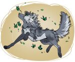  2024 bow_(bowhuskers) canid canine canis dezigre feral fur gradient_background green_eyes grey_body grey_fur looking_up male mammal pawpads paws quadruped simple_background solo wolf 