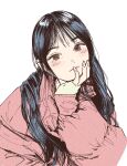  animification black_hair blush fingerless_gloves gloves hanni_(newjeans) head_tilt highres jacket k-pop long_hair looking_at_viewer low_twintails newjeans pink_jacket polo_tokki portrait real_life simple_background sleeves_past_wrists twintails white_background white_gloves 
