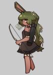  1girl animal_ears arrow_(projectile) barefoot bow_(weapon) brown_dress brown_sleeves closed_mouth commentary_request detached_sleeves dress expressionless full_body green_hair grey_background hair_ribbon high_ponytail highres holding holding_bow_(weapon) holding_weapon long_hair looking_at_viewer looking_to_the_side medium_bangs puffy_detached_sleeves puffy_sleeves quiver rabbit_and_steel rabbit_ears rabbit_girl ribbon simple_background sniper_rabbit solo suzaki-san thigh_strap very_long_hair weapon yellow_ribbon 