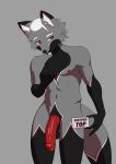 abs absurd_res anthro big_penis black_body black_fur canid canine english_text eyebrows facial_hair foreskin fox fur genitals goatee grey_body grey_fur hair hi_res holding_card jace_ehnon male mammal markings nipples penis red_eyes red_markings red_nipples red_penis renabu simple_background solo suggestive text vein veiny_penis white_eyebrows white_facial_hair white_goatee white_hair white_markings
